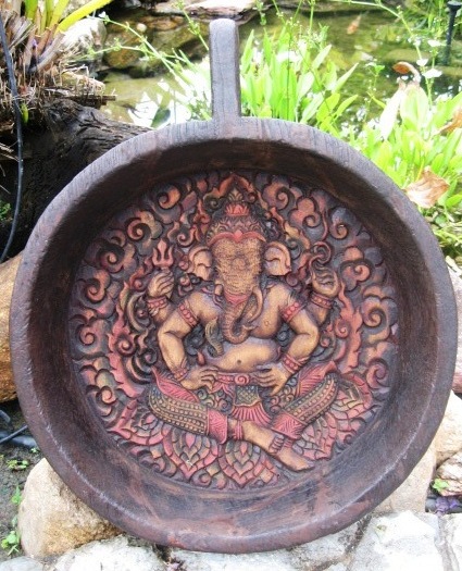 Hand Carved multi color Ganesh Teak Wood Rice Holder