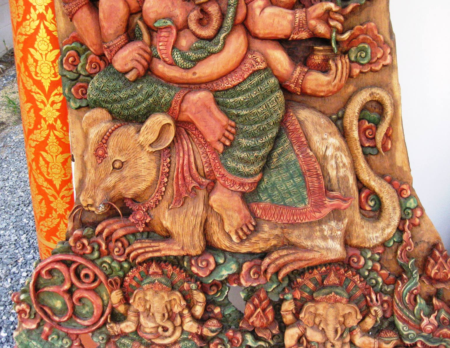 Hand Carved Teak Wood Ganesha Warrior God Panel