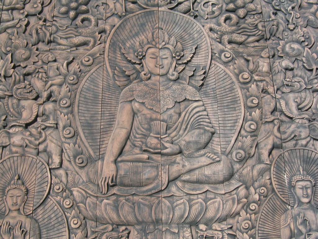 8'x8' Longevity & Sakyamuni Buddha Teak Panel