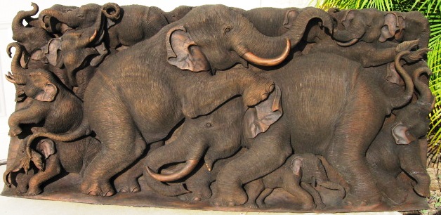 Elephants Herd Teak Wood Panel