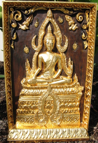 Hand Carved Teak Panel Shinnarat Buddha with Gold Leaf