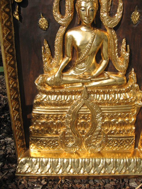 Hand Carved Teak Panel with Buddha Gold Leaf Phra Puttashinnarat