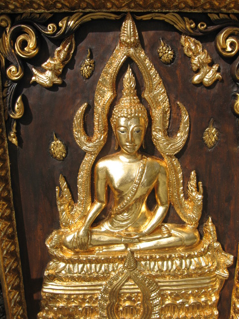 Hand Carved Teak Panel with Buddha Gold Leaf Phra Puttashinnarat