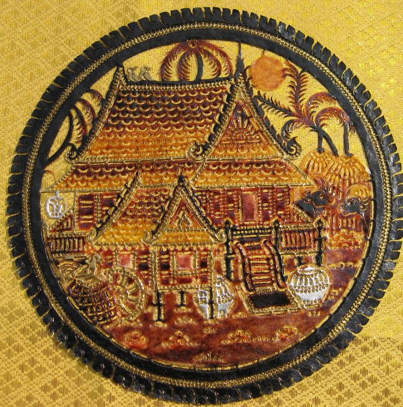 Hand carved leather Talung Small Thai Village Scene