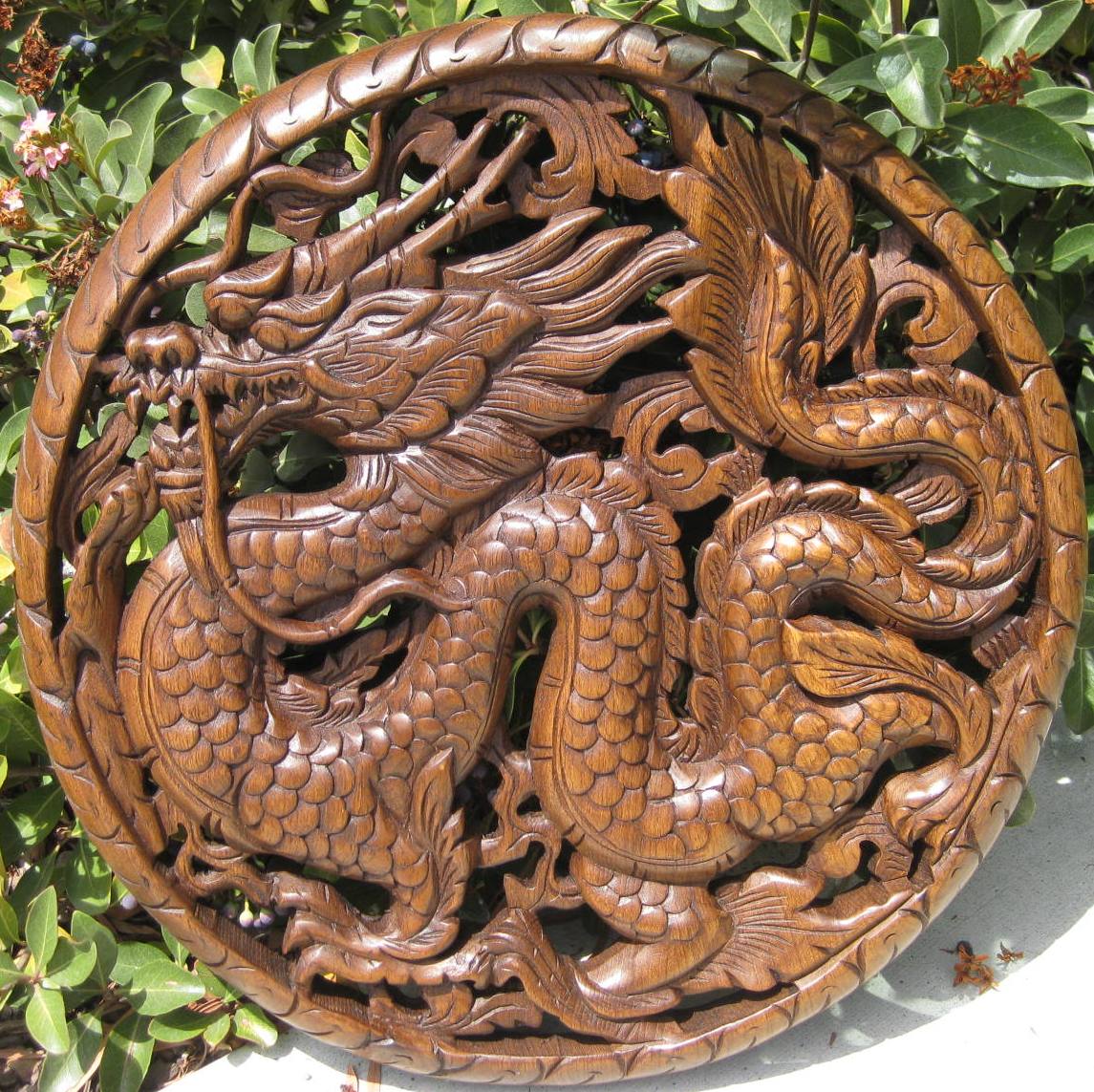 18"  Round Dragon Teak Wood Panel