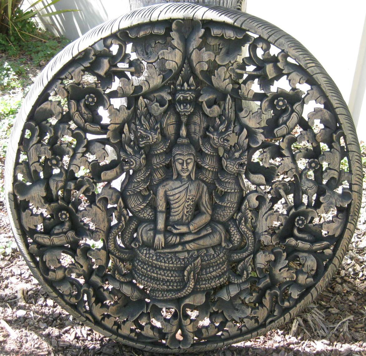 3ft Round Buddha on Naga Teak Panel