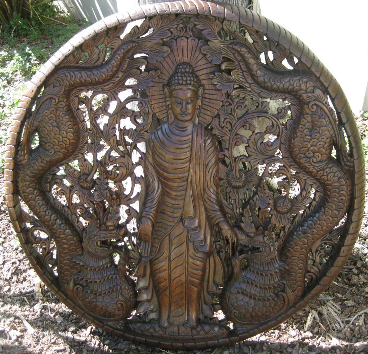 3ft Standing Buddha with Nagas Panel Oak Finish