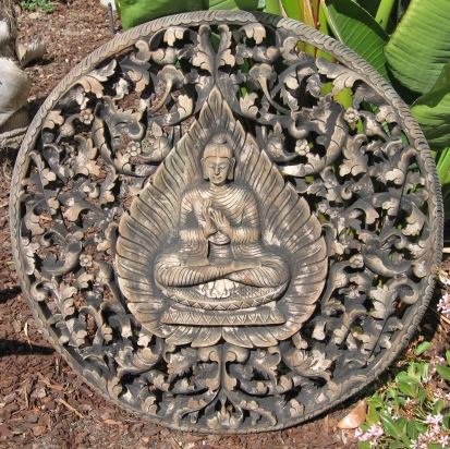 3ft Buddha in Bodhi Leaf Teak Panel Antique finish