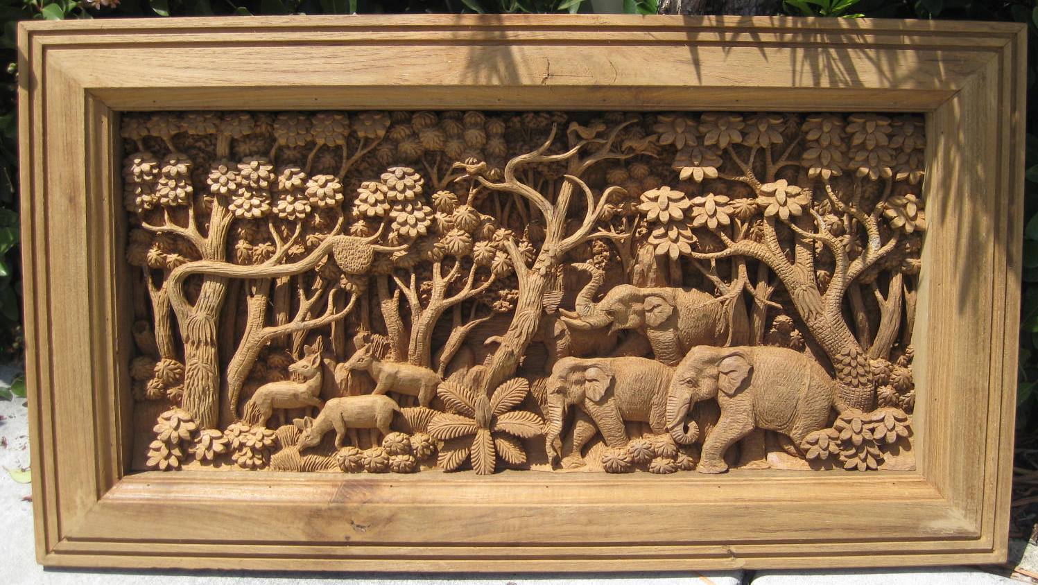 Teak Elephant in the jungle relief panel